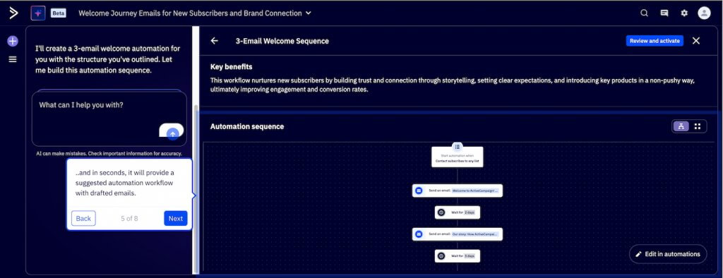 ActiveCampaign automation workflow showing a three-email welcome sequence with timed delays and automated email sends triggered by subscriber activity