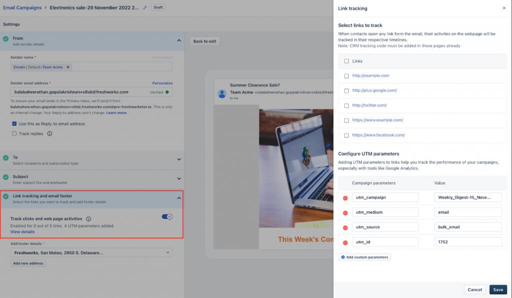 Freshsales Suite email campaign settings showing link tracking options and UTM parameter configuration for tracking clicks and website activity.