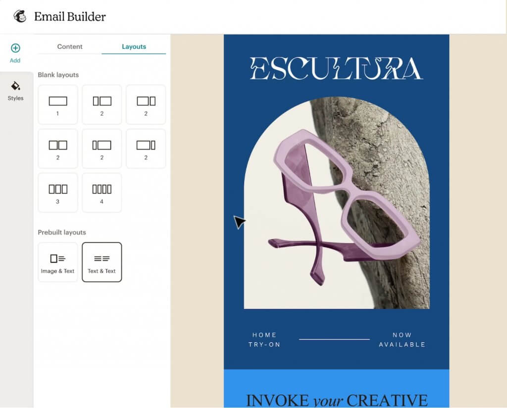 Mailchimp email builder interface showing layout options and a designed promotional email with image and text blocks.