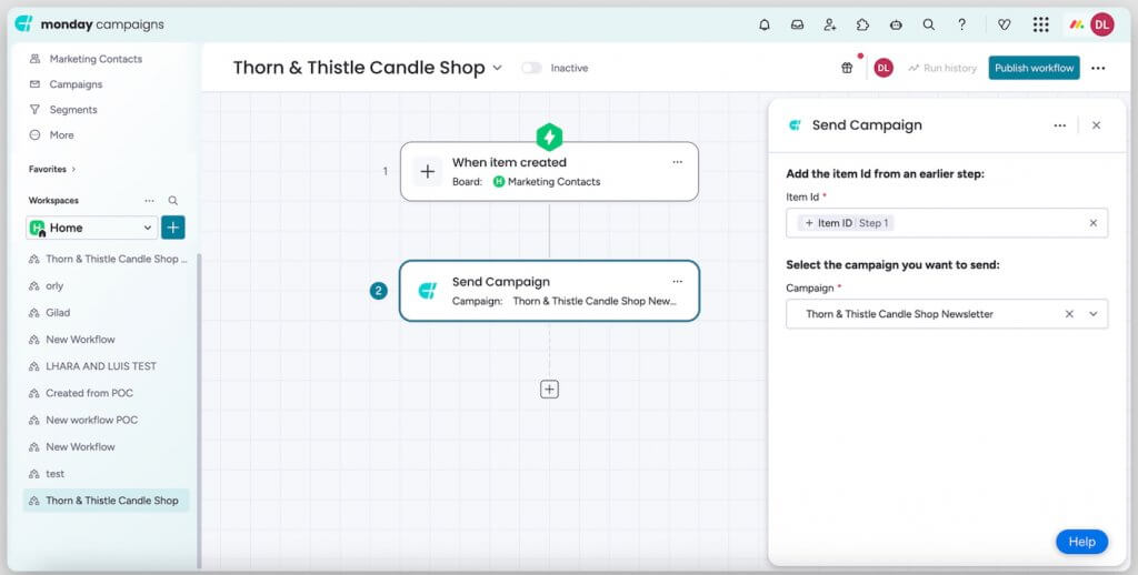 monday CRM campaign workflow builder showing an automated trigger (“When item created”) connected to a “Send Campaign” action for email marketing.