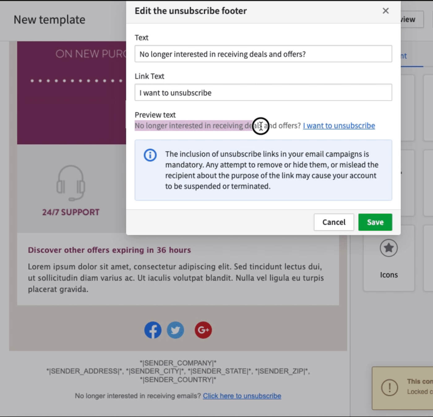 Pipedrive Campaigns email template editor showing unsubscribe footer settings and compliance notice for email marketing campaigns.