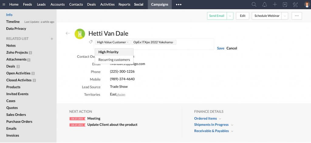Zoho CRM contact record showing segmentation tags like High Value Customer and High Priority used to organize and target contacts.