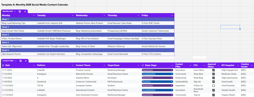 Purple, white, and blue spreadsheet with a month-long social media content planning grid and table.