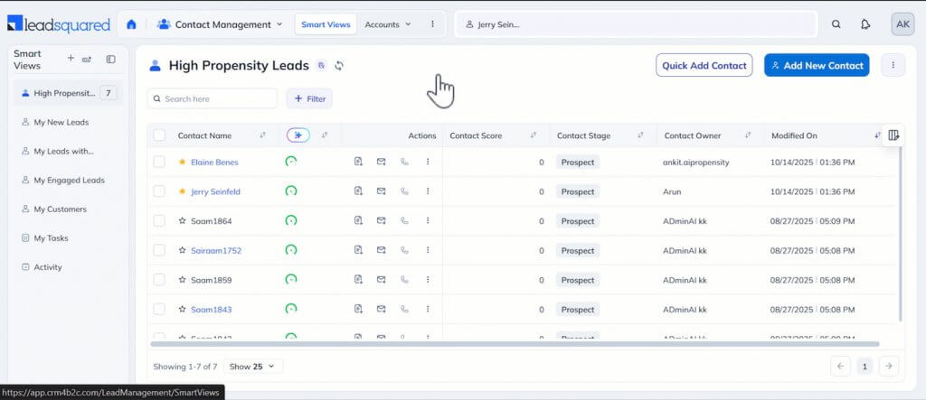 An example of a LeadSquared Sales CRM dashboard showing a Smart View of high-propensity leads with contact names, scores, and stages organized in a table for lead prioritization.