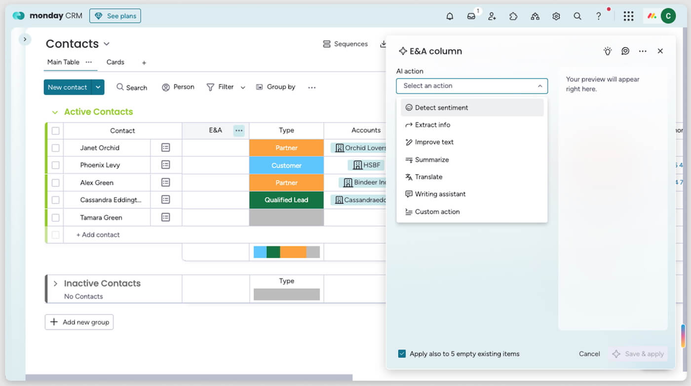 An example of a monday CRM contact table with AI options to detect sentiment, extract info, and automate data entry.