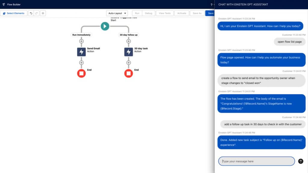 Salesforce Flow Builder screen showing an automation for email, alongside a right-hand panel with an Einstein GPT Assistant chat for text prompts.