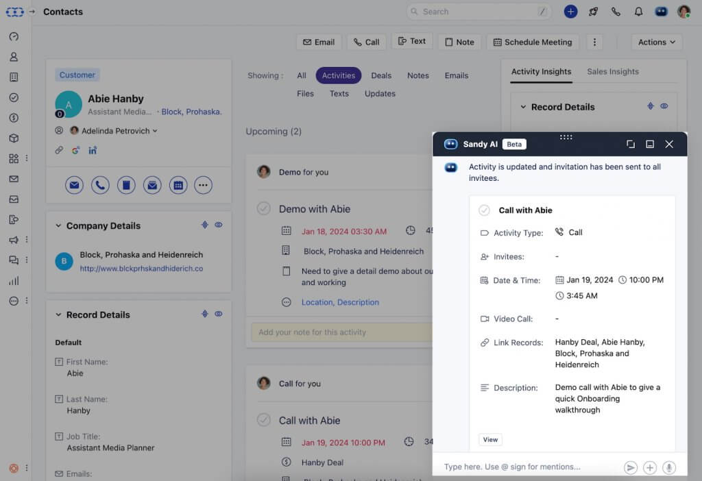 An example of a Salesmate CRM contact dashboard showing its Sandy AI panel, which auto-schedules and summarizes call activity with meeting details, invitees, and a description.