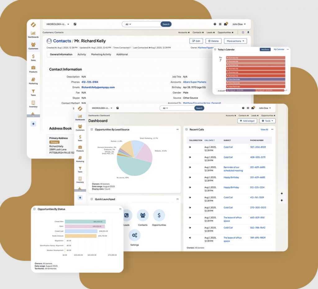 Several snapshots of Oro CRM's contacts, opportunities, and dashboard.