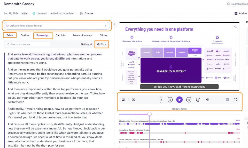Screenshot of a Gong call analysis dashboard showing a transcript, video playback, speaker timelines, and AI-generated insights for a recorded sales demo.