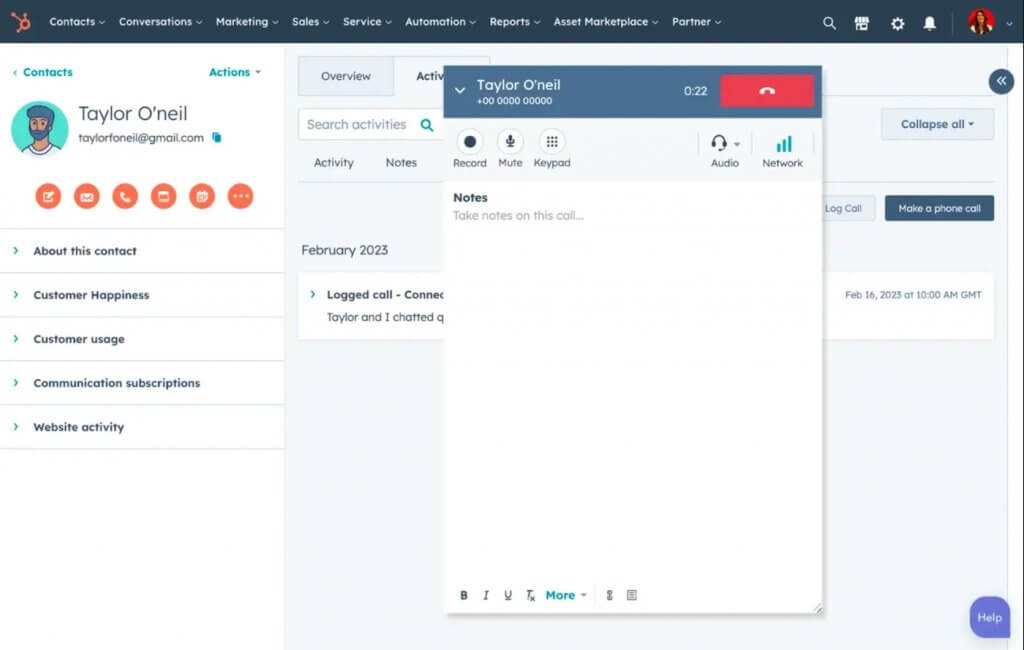 Screenshot of HubSpot CRM showing an active outbound call window with note-taking options, call controls, and contact details for a prospect.