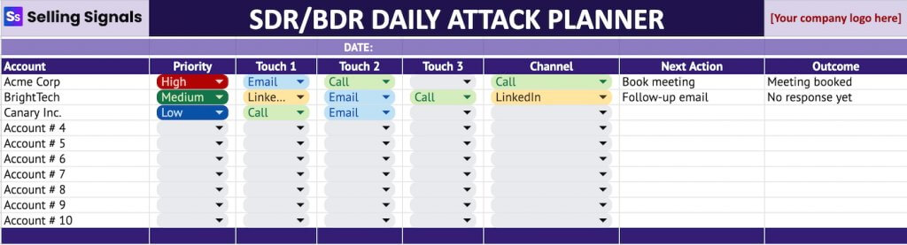 A Selling Signals-branded SDR/BDR daily attack planner spreadsheet showing accounts, priority levels, outreach touches, channels, next actions, and outcomes.