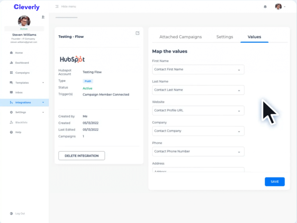 Cleverly Account settings featuring customer data from the HubSpot integration.