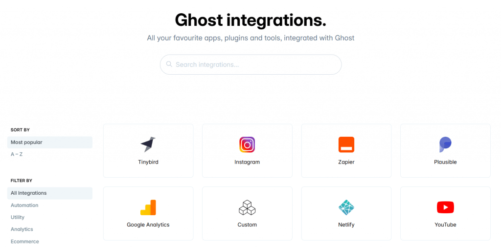 Ghost integrations library featuring icons for popular brands, including Instagram and Zapier.