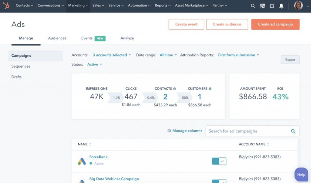 HubSpot ad manager dashboard featuring account data for marketing campaigns.