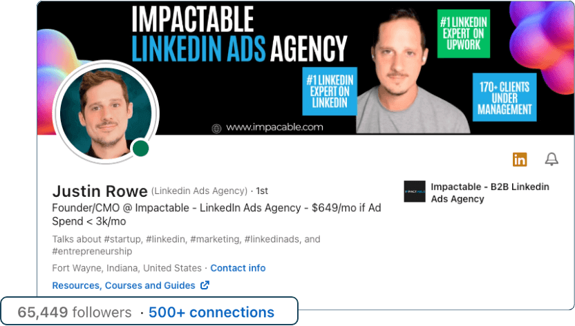 LinkedIn profile with Impactable branding and follower data.