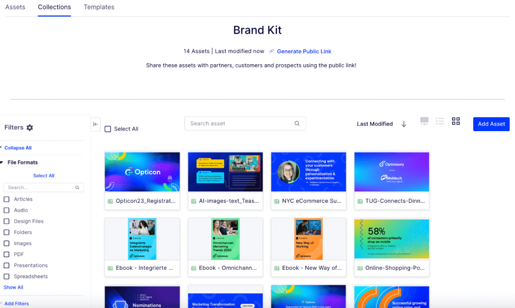 Optimizely brand kit with a library of digital assets and images.