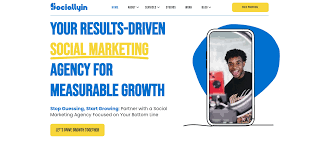 Sociallyin website landing page with a white background, yellow and blue fonts, and a mobile screen featuring a social media content creator.