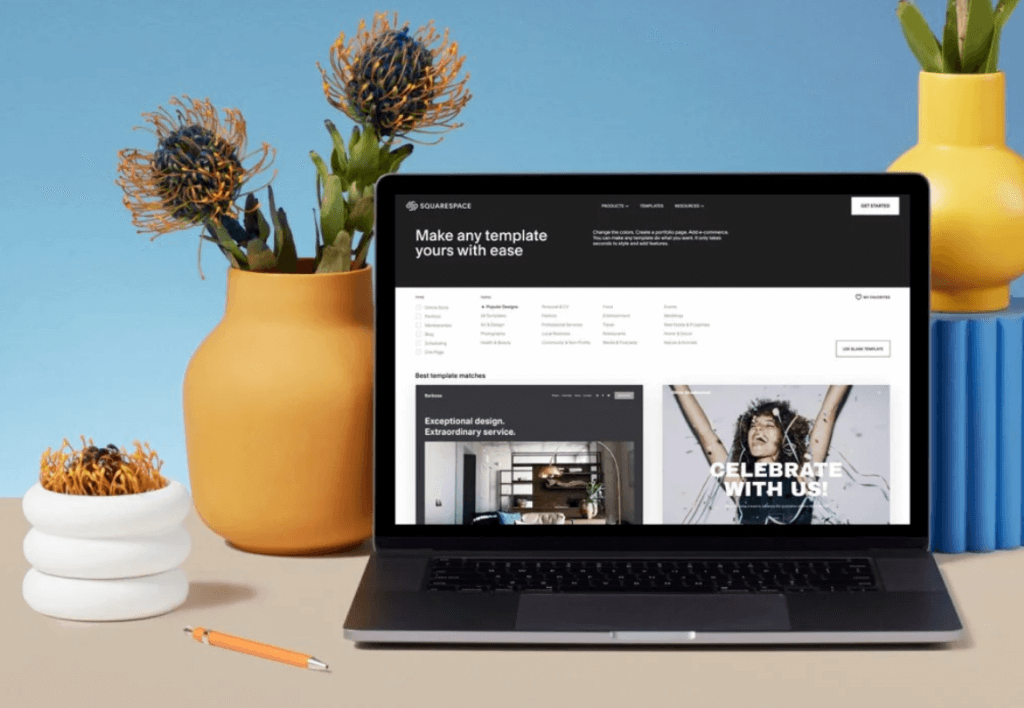 Desk with potted plants and a laptop featuring a Squarespace website with custom templates.