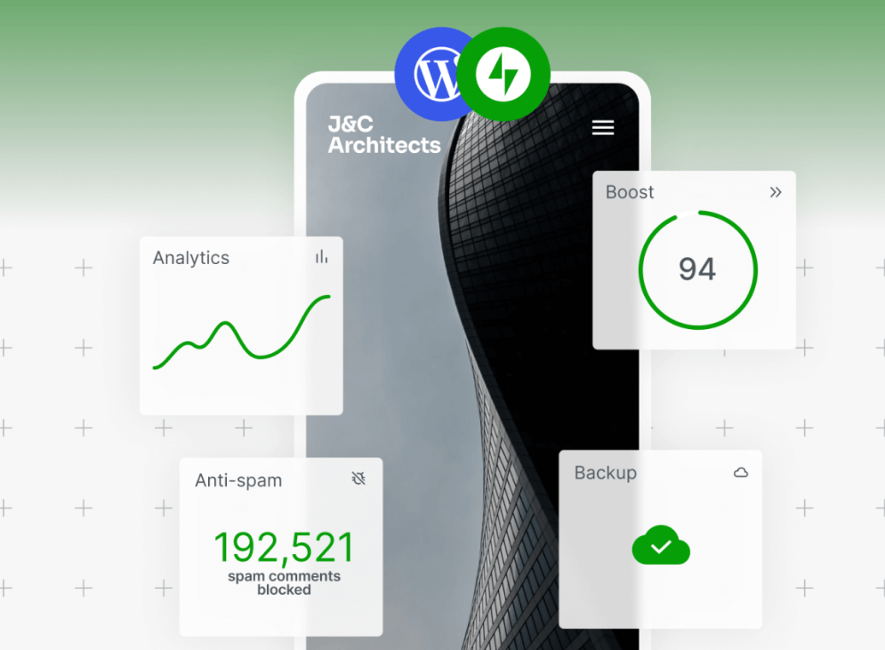 Mobile phone screen highlighting the features of Jetpack, including analytics, storage, spam protection, and social boosts.