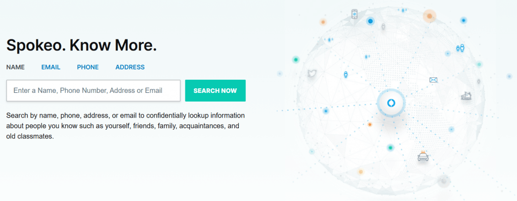Spokeo landing page with social network data visualization and details on the types of reverse lookups available.