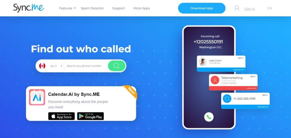 Sync.me landing page featuring the primary integrations and mobile apps used with the platform.