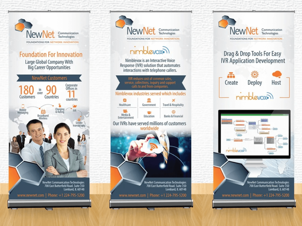 hree retractable trade show banners with company branding and contact information.