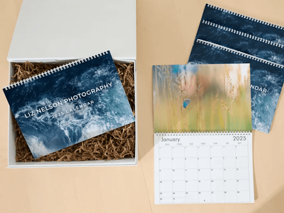ackaged wall calendar customized with company branding and photography.