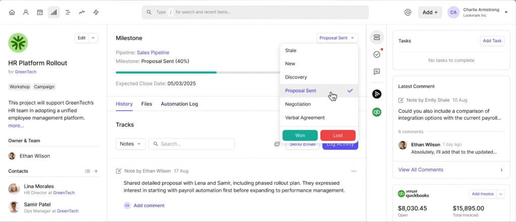 Capsule CRM deal record showing a sales pipeline milestone view with editable stages, expected close date, notes, tasks, and team activity for an active opportunity.