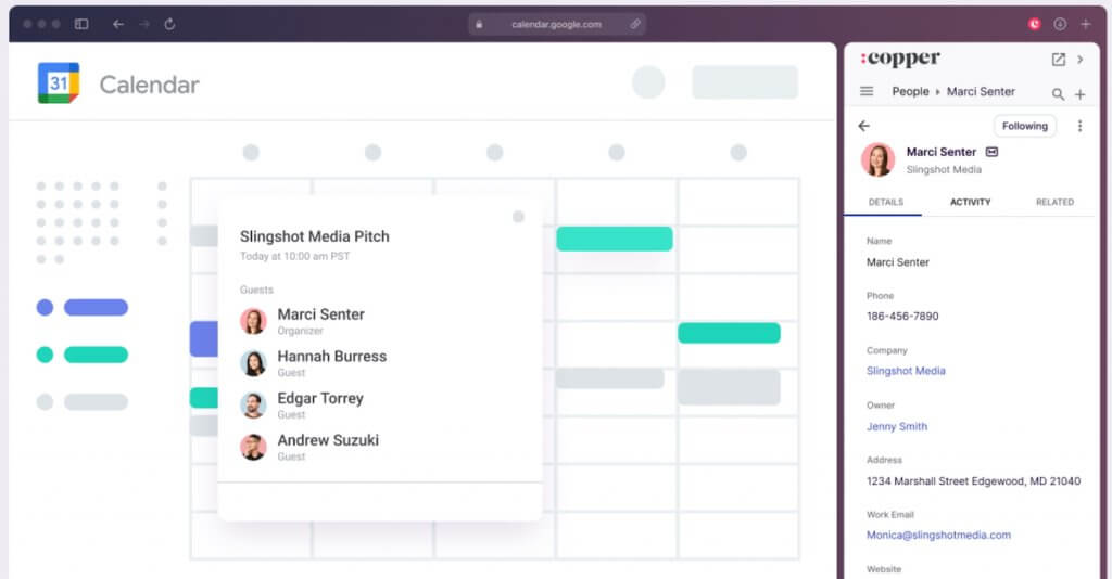 Copper CRM integrated with Google Calendar showing a scheduled meeting alongside a contact record, with attendee details, contact information, and synced sales activity.