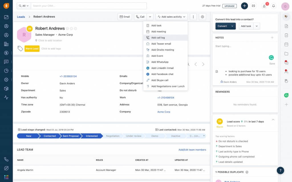 Freshsales CRM lead record showing built-in email and calling options, activity logging, lead scoring, and follow-up actions within a single sales dashboard.