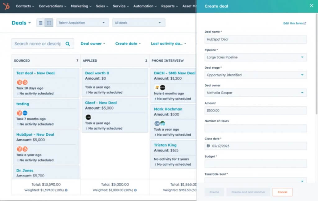 HubSpot CRM deal pipeline dashboard displaying deals organized by sales stage with deal values, owners, and activity details.