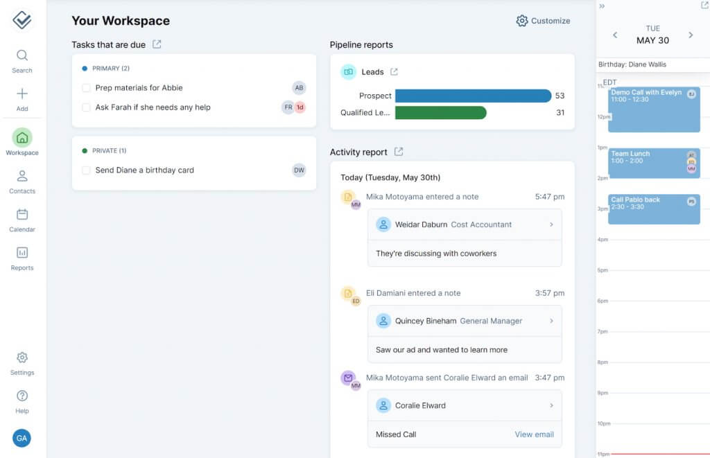 Stay on top of daily priorities in Less Annoying CRM with task reminders, pipeline reports, and a simple activity overview. 