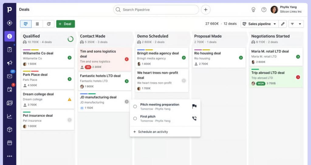 Pipedrive CRM visual sales pipeline showing deals organized by stages with deal values, contacts, and activity reminders in a kanban-style layout.