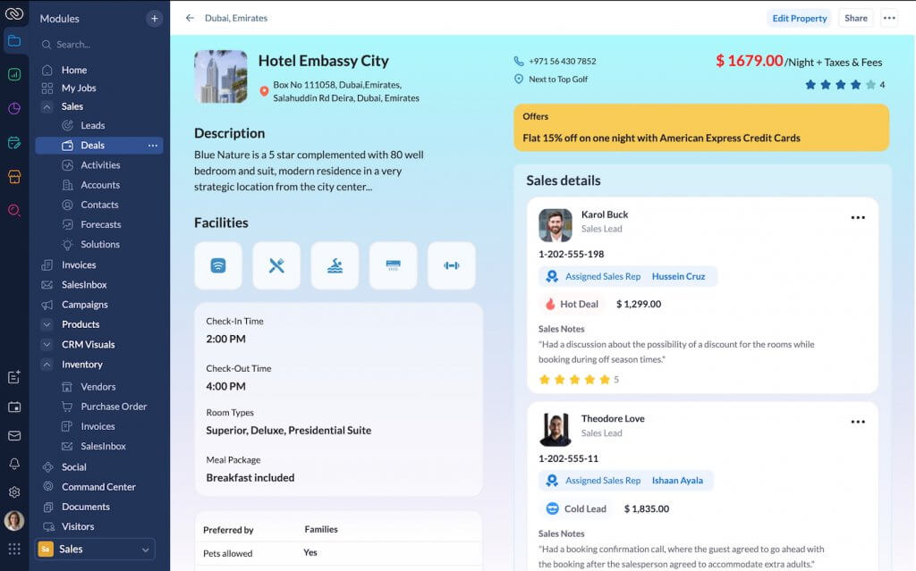Zoho CRM deal record displayed with a custom layout created in Canvas Design Studio, showing tailored fields, visuals, and sales details for a deal.