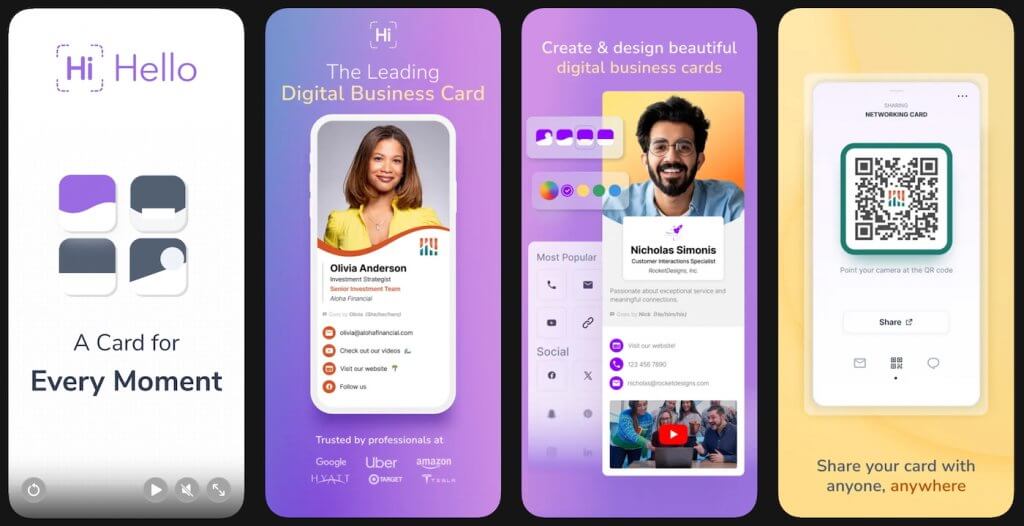 HiHello digital business card app screens showing customizable profiles, contact details, social links, and a QR code used to share information digitally.