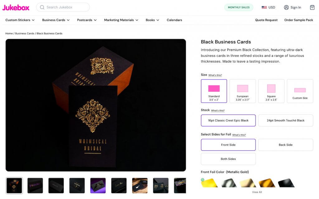 Jukebox Print black business cards product page showing premium dark stock options, gold foil detailing, card sizes, thickness choices, and customization settings.
