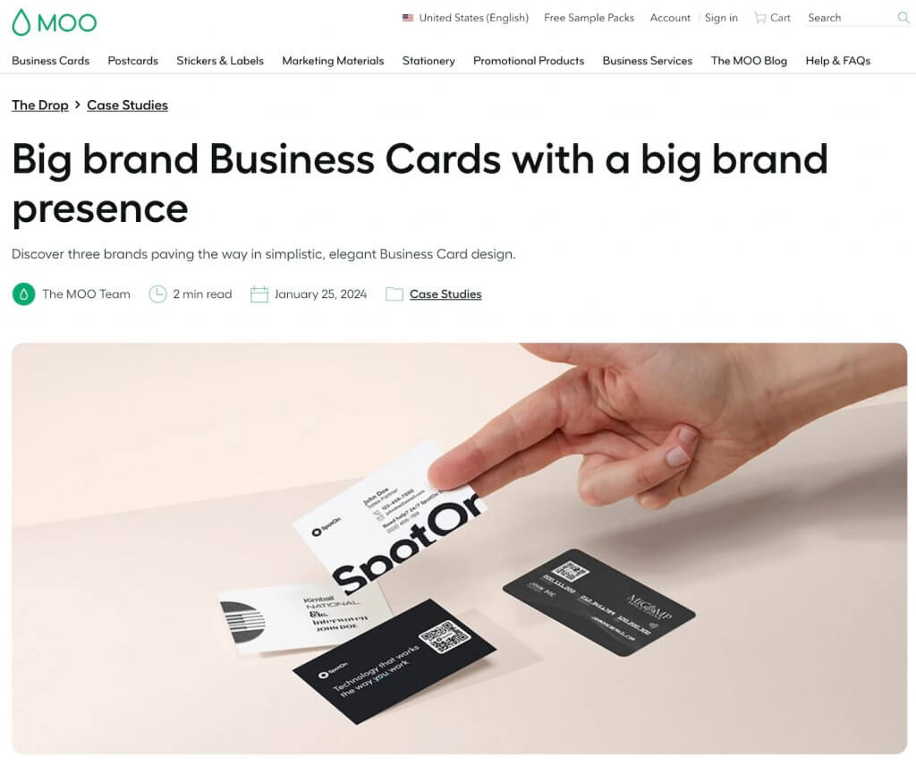 MOO case study page showing minimalist business cards from large brands, including high-contrast black and white designs with QR codes and clear typography.