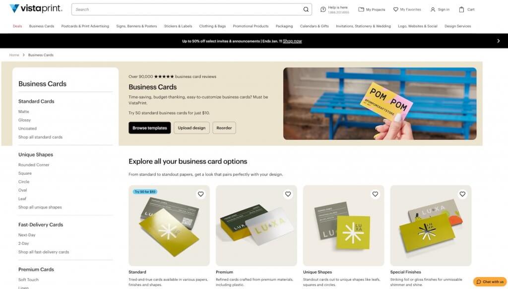 VistaPrint business cards product page showing standard, premium, unique shape, and special finish card options with customization and reorder tools.