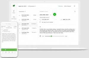 Mobile phone screen and laptop screen featuring the Grasshopper app and audio and text of a voice message.