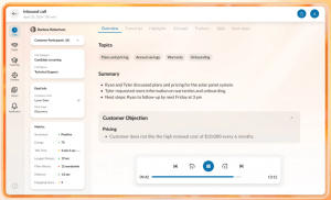 RingCentral conversation intelligence dashboard featuring a call summary from the AI sales agent.