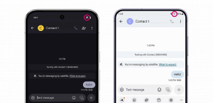 Two mobile phone screens sending text messages through T-Mobile's satellite connection.