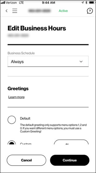 Mobile phone screen with Verizon auto-receptionist settings.