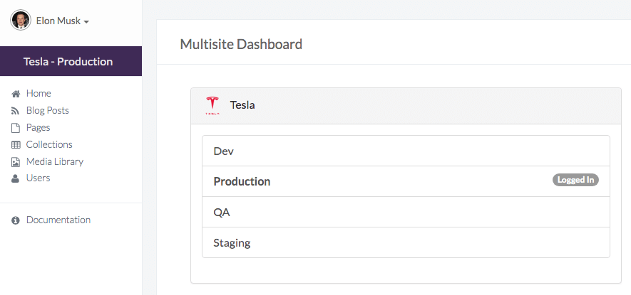 ButterCMS multi-site dashboard featuring an example breakdown ofTesla's website pages.