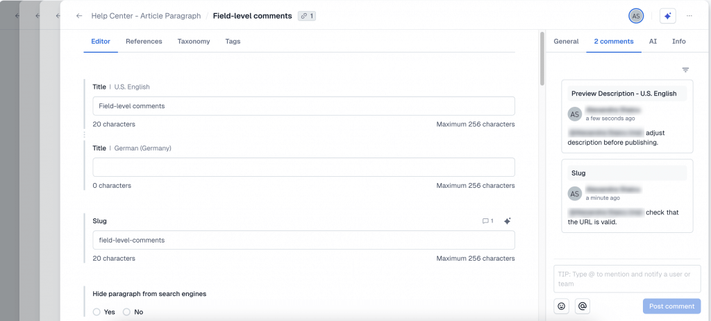 Contentful editor with comment entries for a piece of content.