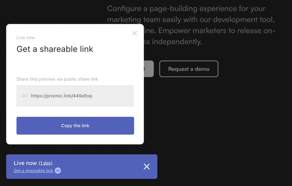 Prismic shareable preview with link to view a product website.