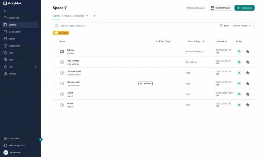 Storyblok dashboard featuring a list of current publications, releases, and scheduled content.