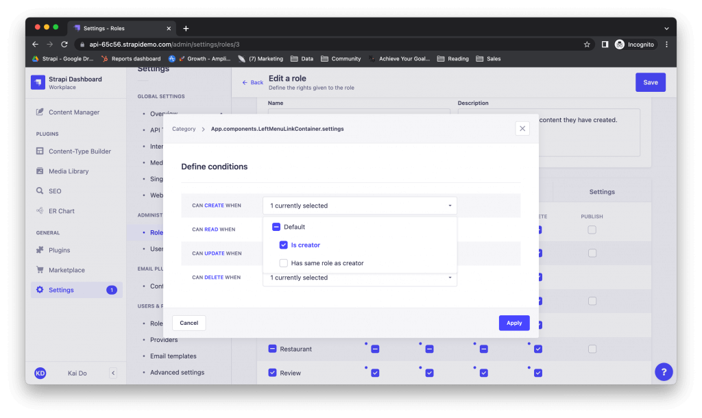 Strapi workplace with settings to update a user's role permissions.