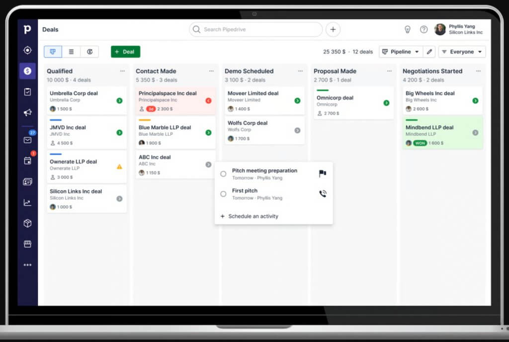 Pipedrive pipeline view displaying deal stages, open opportunities, and revenue values across the sales funnel.