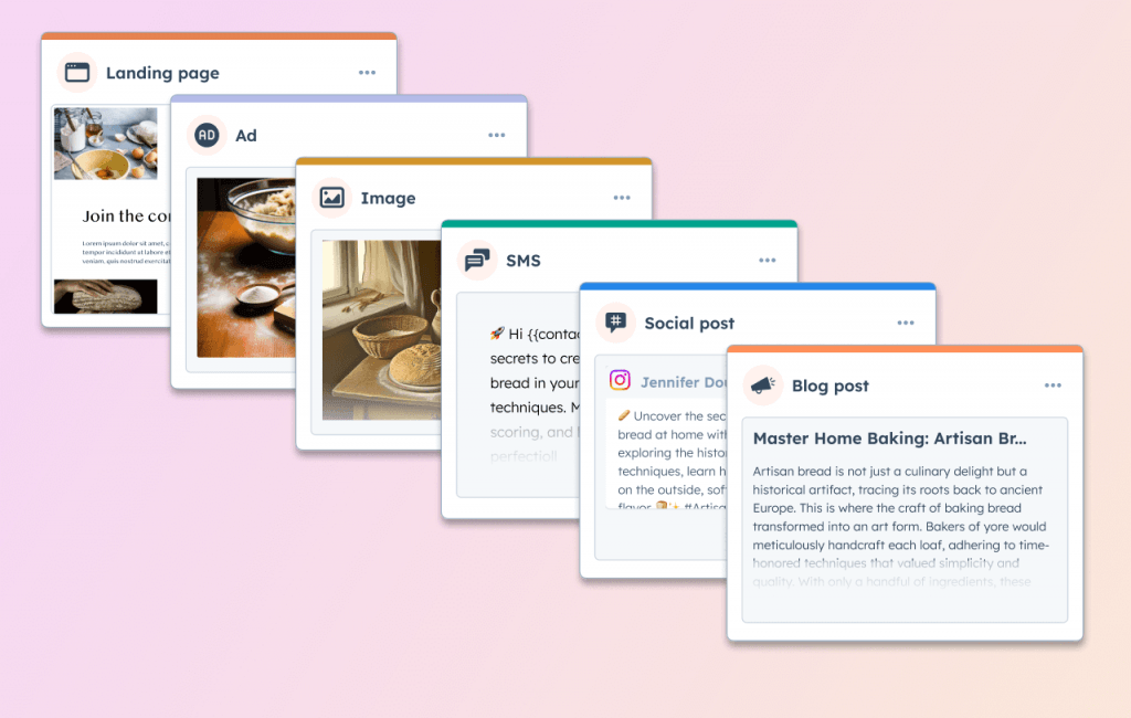 Example content, including social posts, SMS, blogs, images, ads, and landing pages that can be remixed on HubSpot.