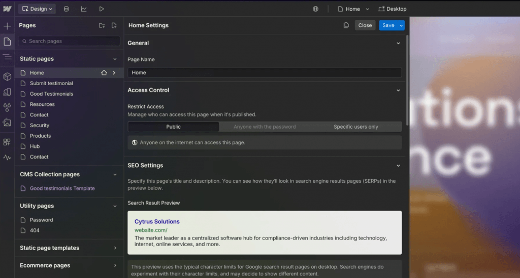 Webflow site settings, featuring how to customize your page to improve SEO.